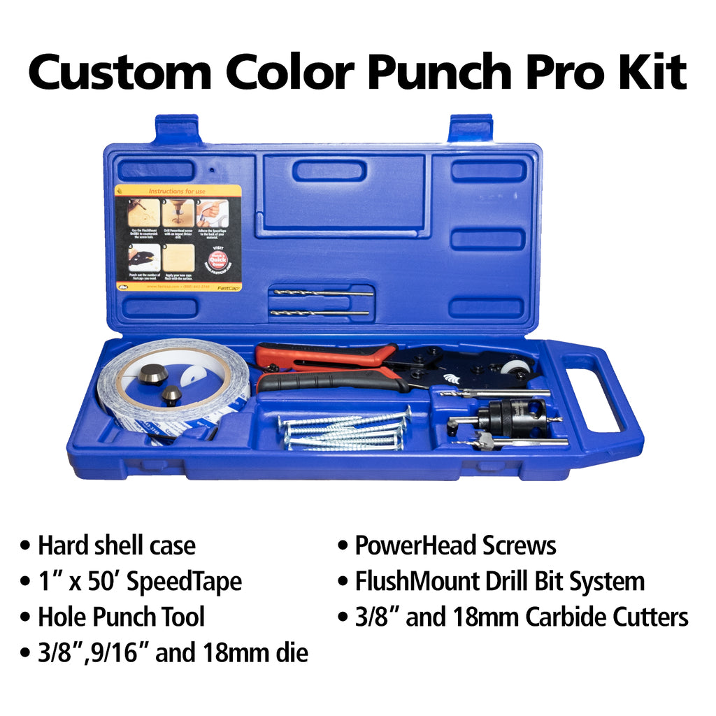 The Custom Colour Punch Pro Kit includes Speedtape, hole punch tool w/3 dies, PowerHead screws, FlushMount Drill Bit System.