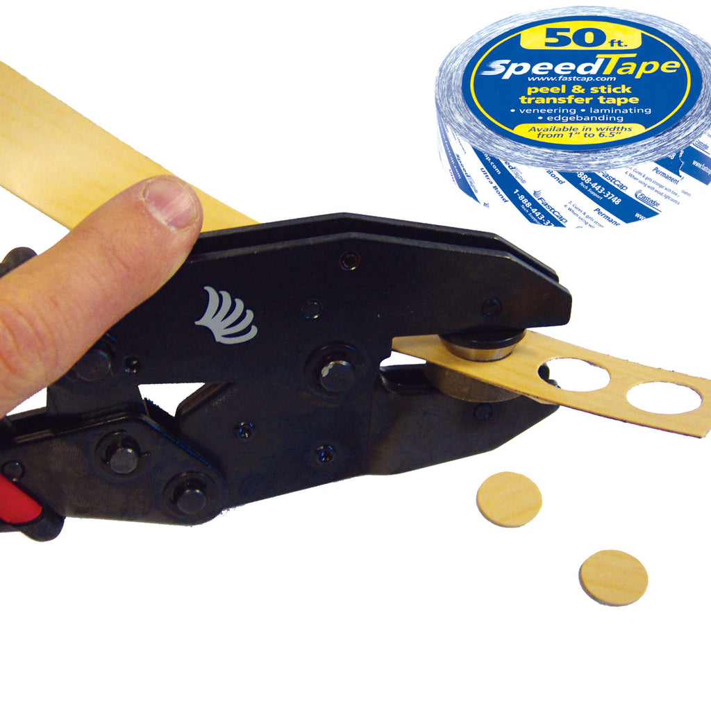 The ratcheting hole punch punches screw covers in hardwood maple edge banding with SpeedTape on the back.