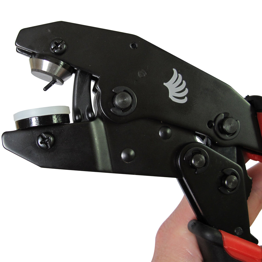 The ratcheting hole punch has interchangeable dies, a replaceable bushing, and built-in ejector pin for screw covers.