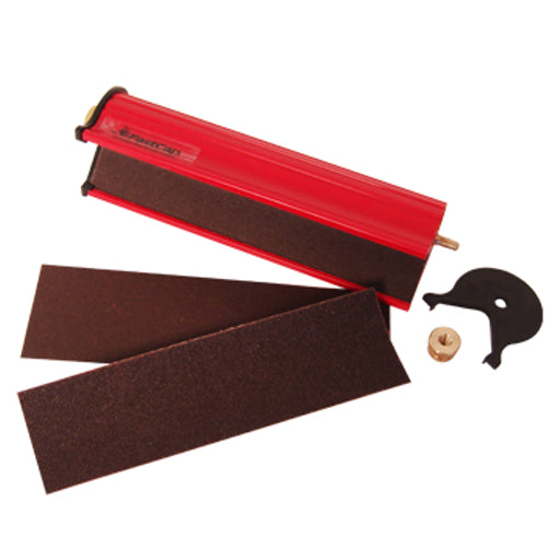 The Fastbreak Edger includes 3 abrasive strips and ergonomic body. The end cap is removable for sandpaper storage.