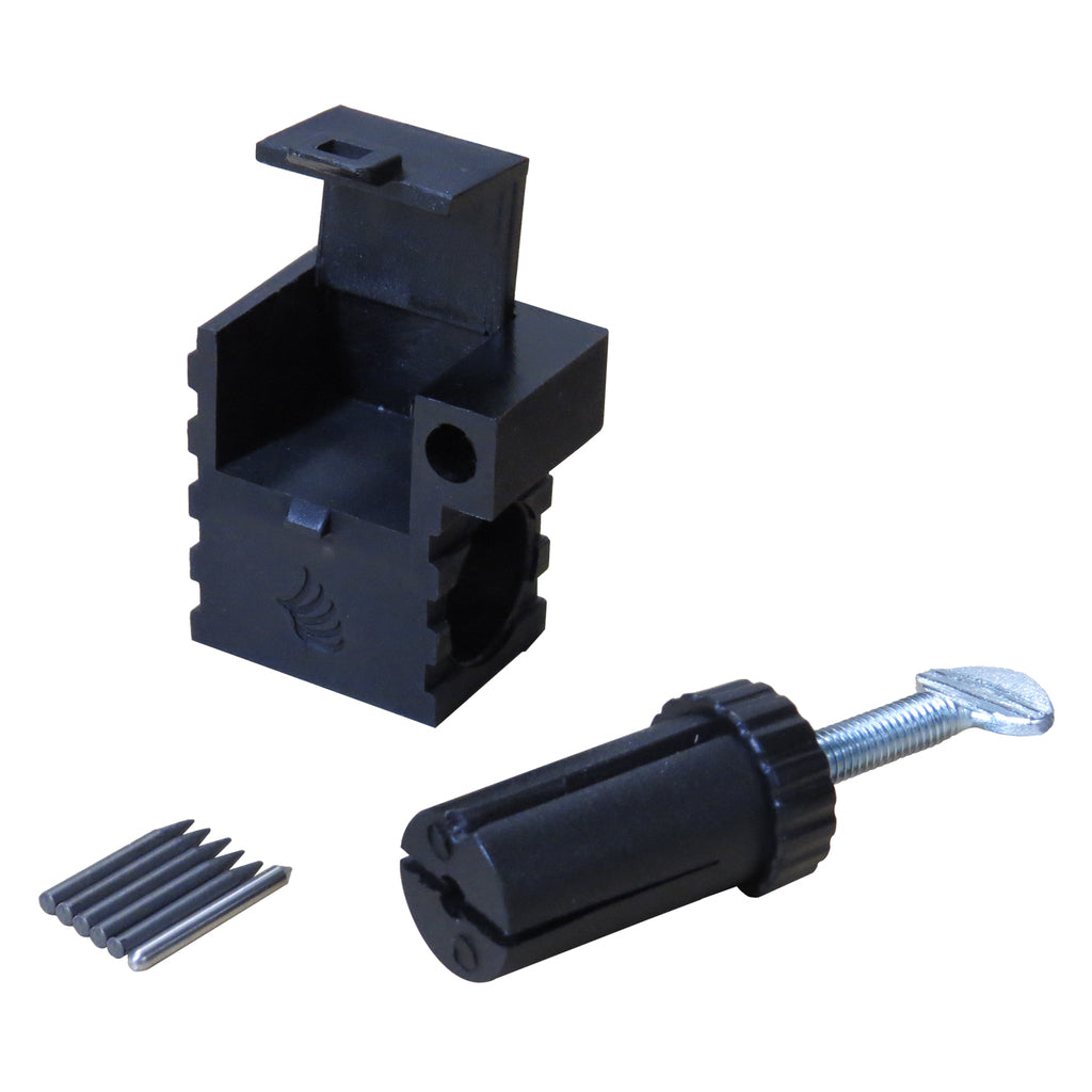 The Fastcap Mini Scribe consists of a body, cam mechanism with lock, and includes pencil leads and steel scribe point.