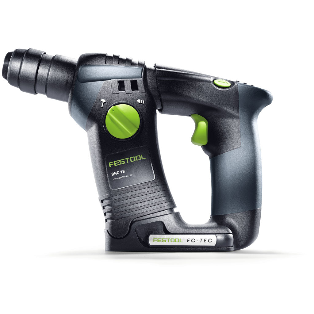 Side view of Festool's BHC 18 SDS Rotary Hammer Drill shows hammer/drill selection knob, trigger, belt clip, reverse.