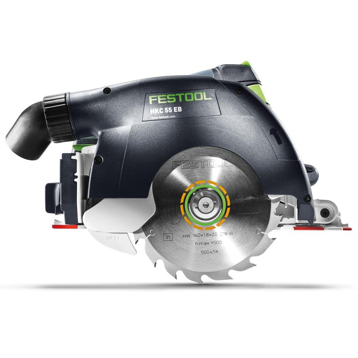 Festool's HKC 55 EBI-F-Set-FSK250 Carpentry Track Saw can lock down in plunge mode. The splitter helps prevent kickback.