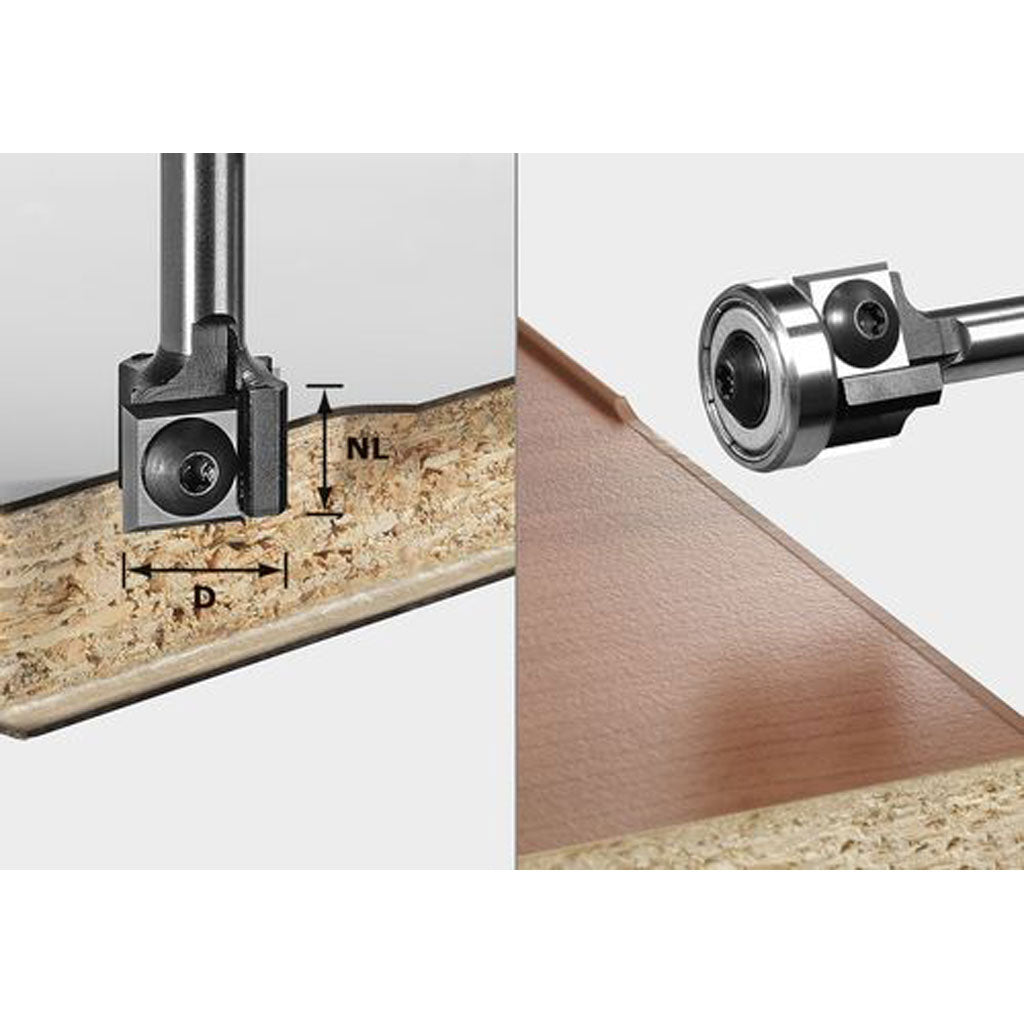 Flush trim router bit for edge trimming. 4-sided carbide insert can be rotated to expose a new edge, or replaced easily.