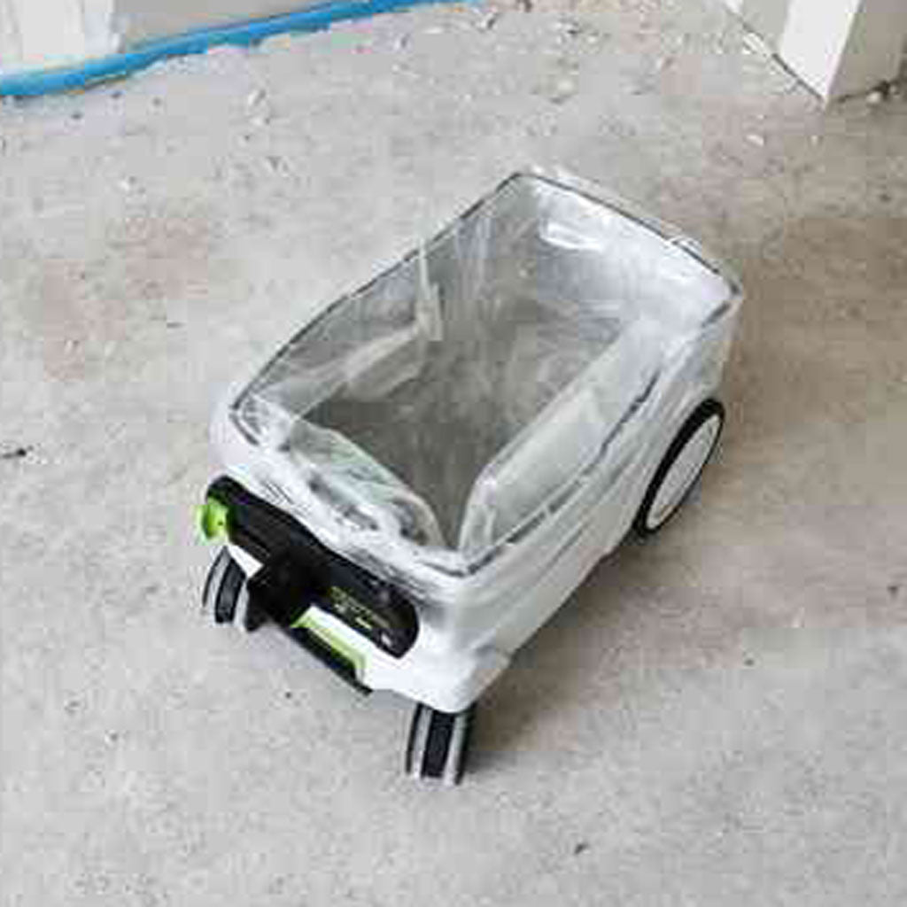 Disposable waste bag installed in a Festool CT 48 AC Dust Extractor with AutoClean feature.
