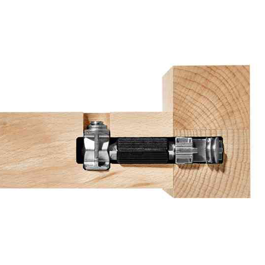 A cutaway view of the Domino corner connectors shows the split anchor, anchor bolt with shell, and cross anchor w/ set screw.
