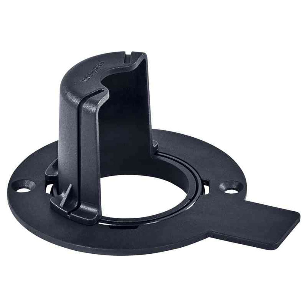 Chip catcher bolts to OF 1010 plunge router and swivels freely to direct vacuum suction.