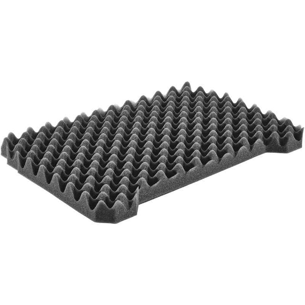 Vaulted soft foam insert attaches to the underside of the lid and conforms to the contents to help keep them from moving.