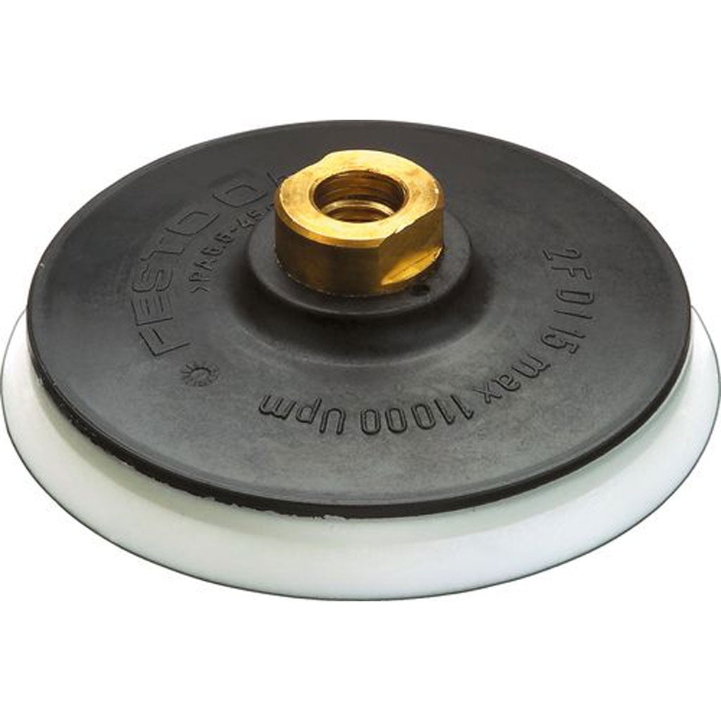 A mechanical threaded fastener secured the pad for aggressive work, and a clamping nut secures the abrasive disc.