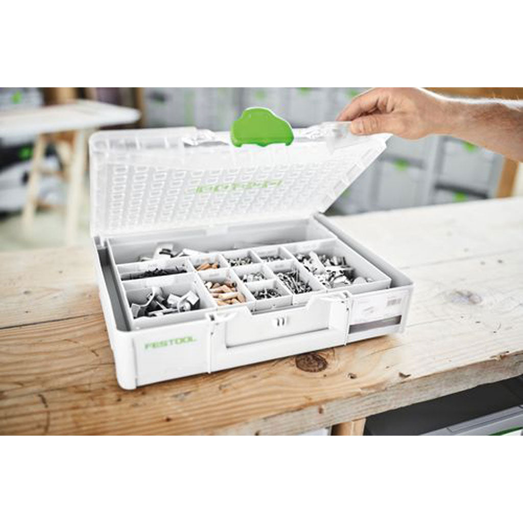 The SYS3 ORG M 89 can be loaded up with 7 different sizes of bins for screws, nails, connectors, fasteners or hand tools.