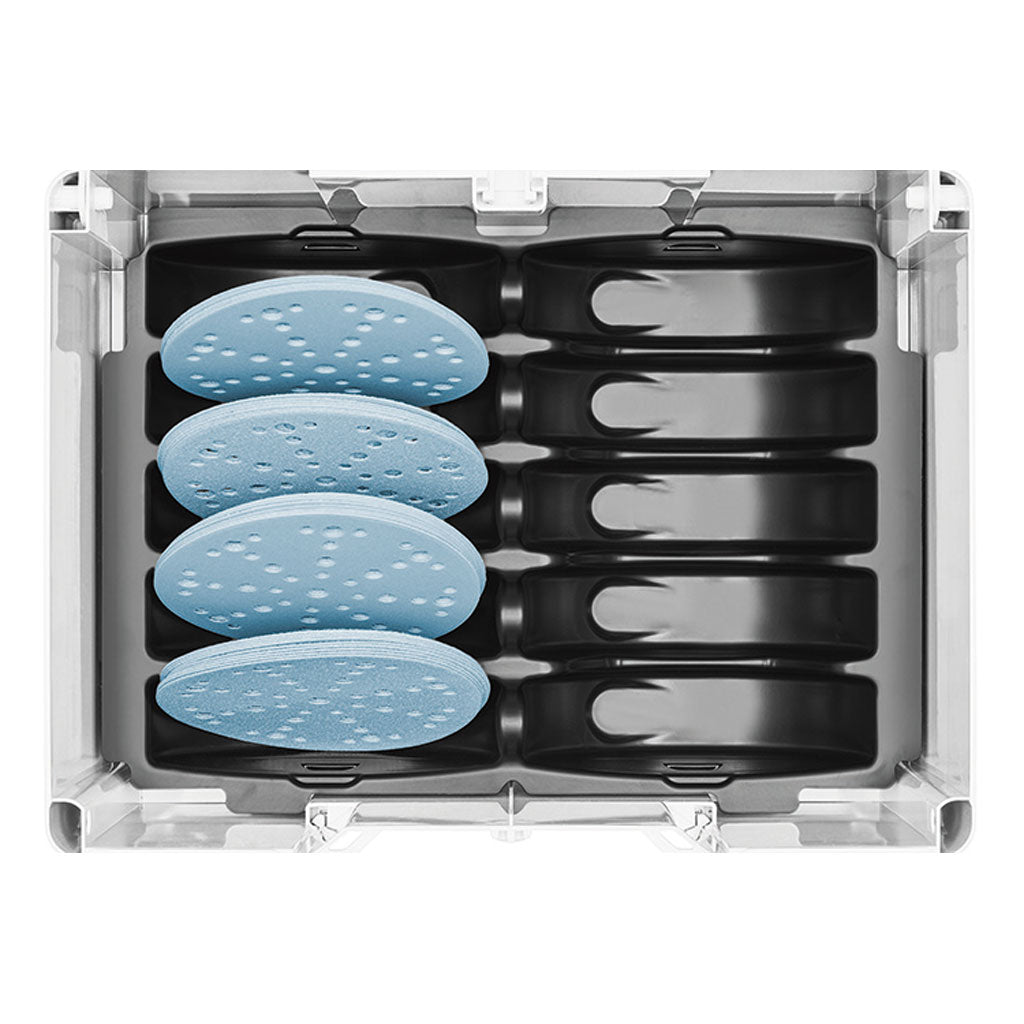 The custom moulded insert has ten slots to organize different grits and pads for any 150 millimetre (6 inch) sander.
