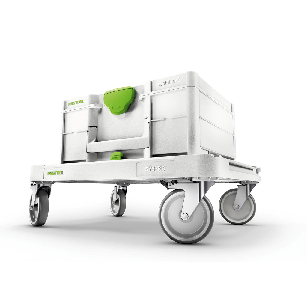 The Sys-Cart is ideal for moving Systainers, and they can be attached to the cart by rotating the green latch.