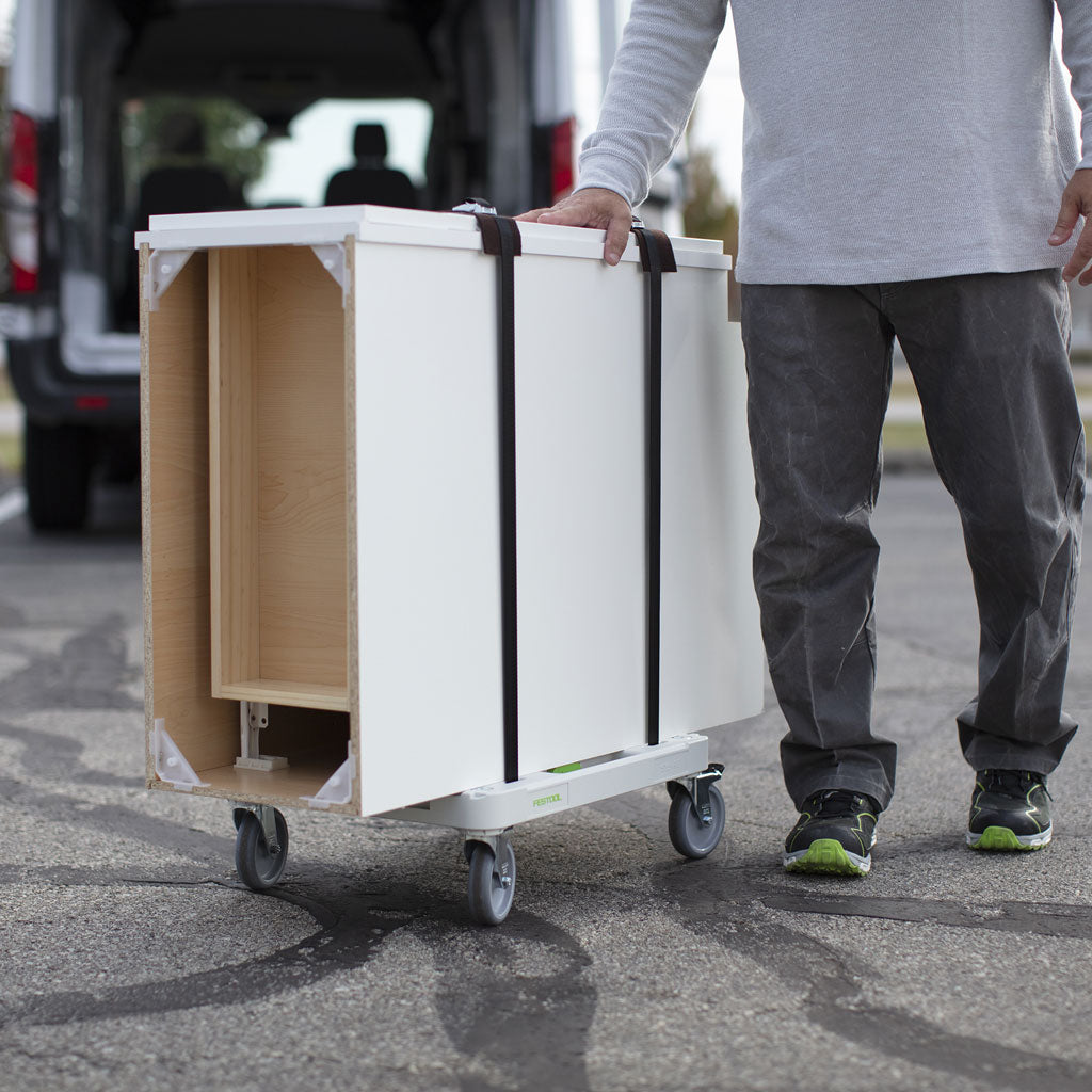 Moving large cabinets and casework is easy with the Sys-Cart. Slots in the frame allow straps to secure the item to the cart.