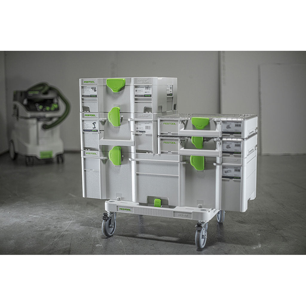 SYS3 XXL Systainers can be connected to the top of a Sys-Cart, and two stacks of SYS M Systainers can be locked to the top.