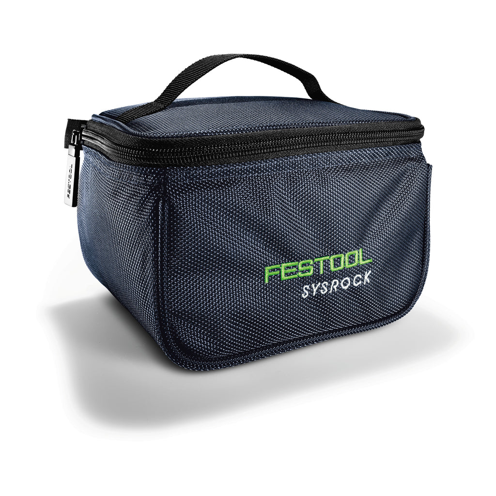 Blue zippered bag branded Festool SYSROCK, for storing the BR 10, 110 volt power cable, and 3.5mm AUX cable.