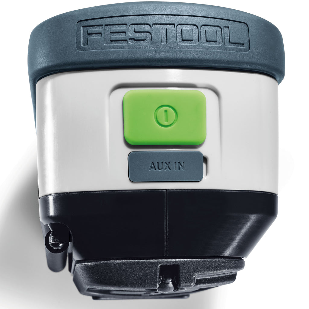 Top view of the SYSROCK showing the large green power button and cover for the AUX IN port. Antenna is stowed.