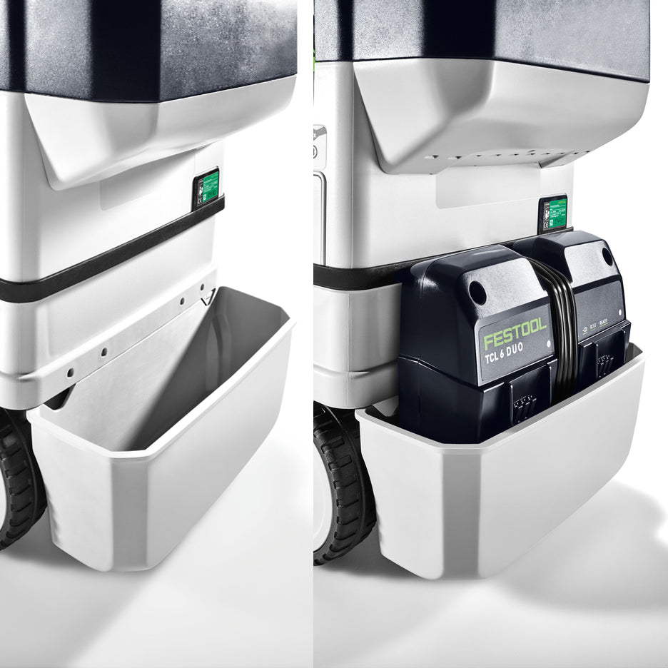 Festool Storage Box installed on the back of a CT MIDI and holding a TCL 6 DUO battery charger.