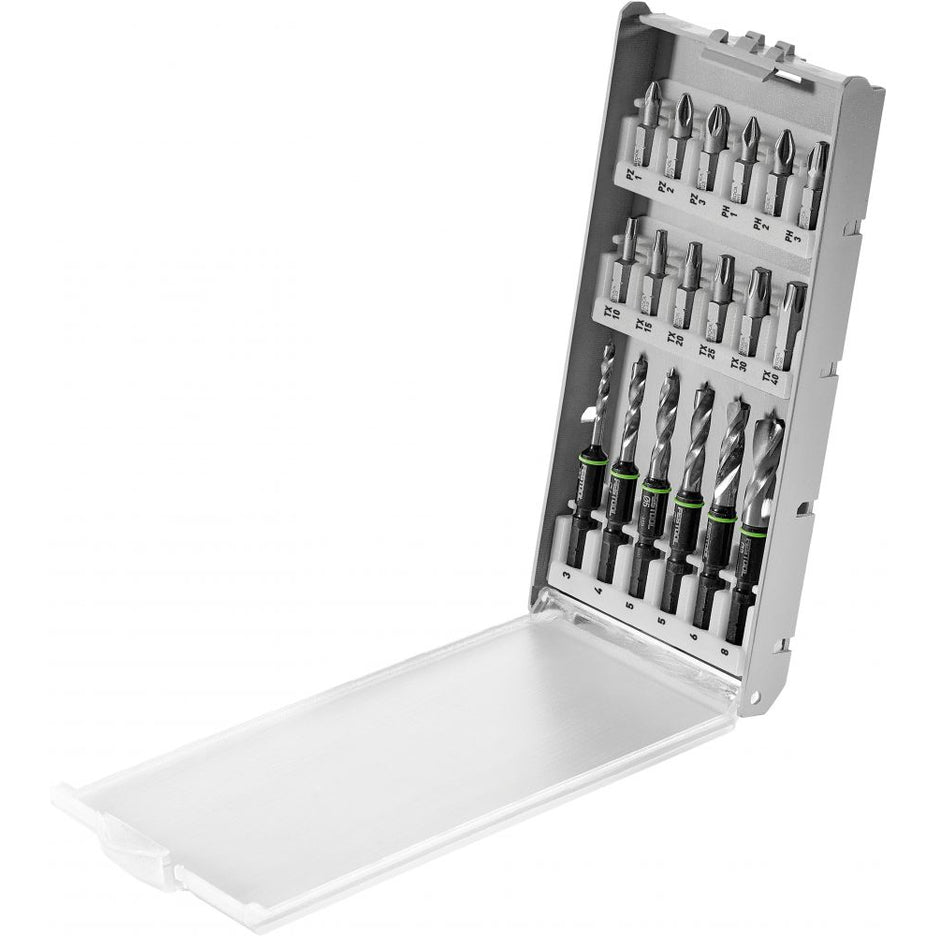 3, 4, 5, 6, 8 millimetre brad point drill bits with 1" driver bits in protective plastic case.