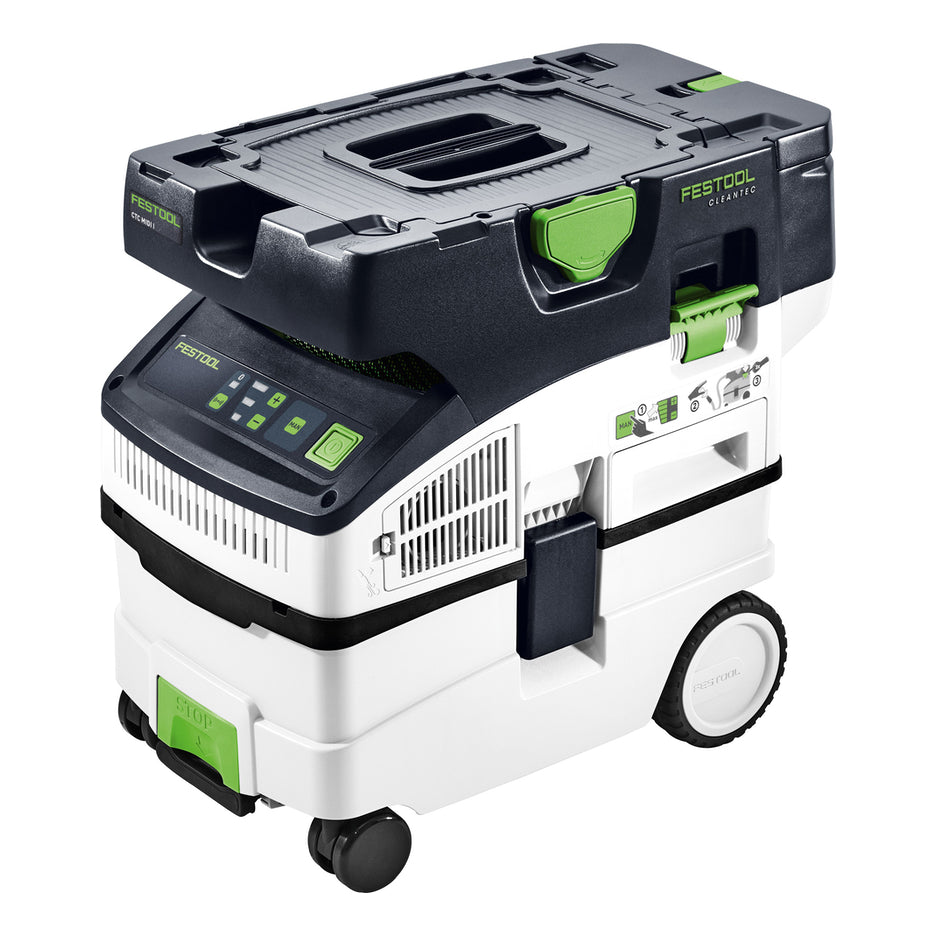 Festool CTC MIDI I Dust Extractor has brake, blower port, control panel, T-Loc latch, external filter cleaning.