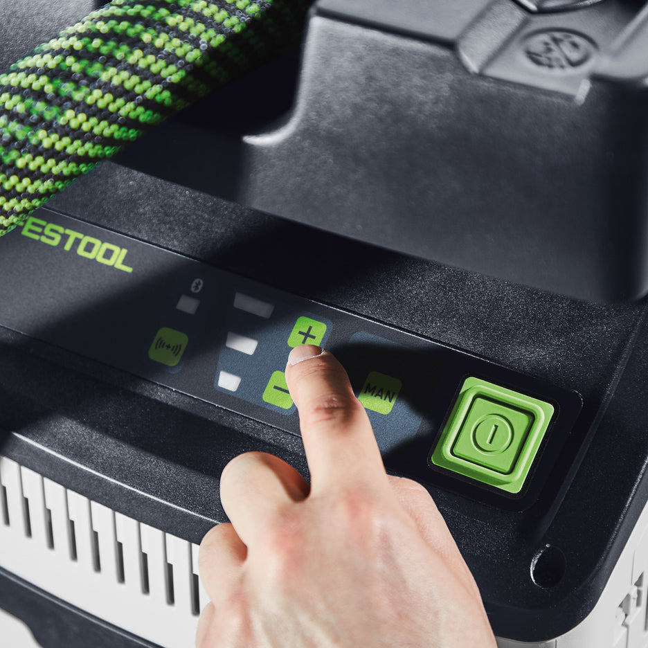 Plus/Minus buttons adjust the variable suction rate of the Festool CTC MIDI I Dust Extractor.