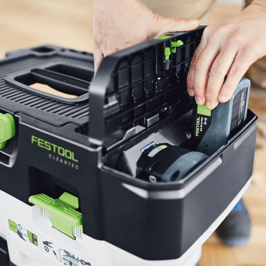 Festool CTC MIDI I Dust Extractor runs on two 18V batteries.