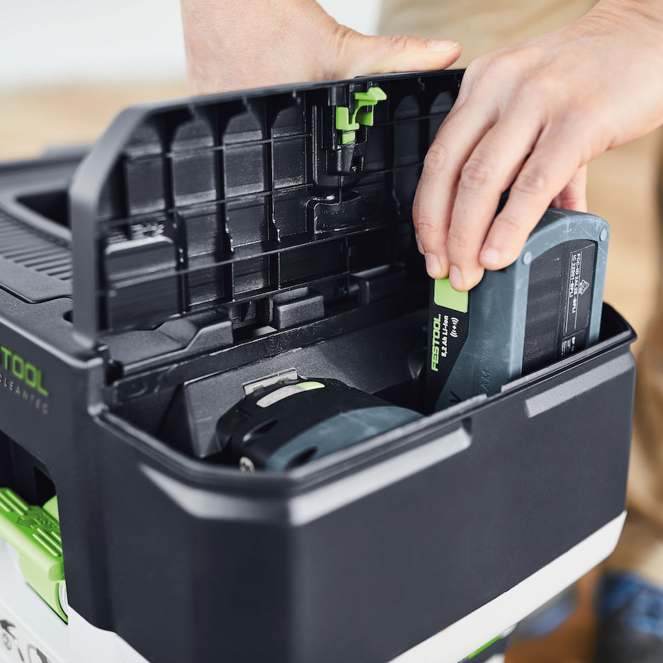 Festool CTC MIDI I Dust Extractor runs on two 18V batteries.