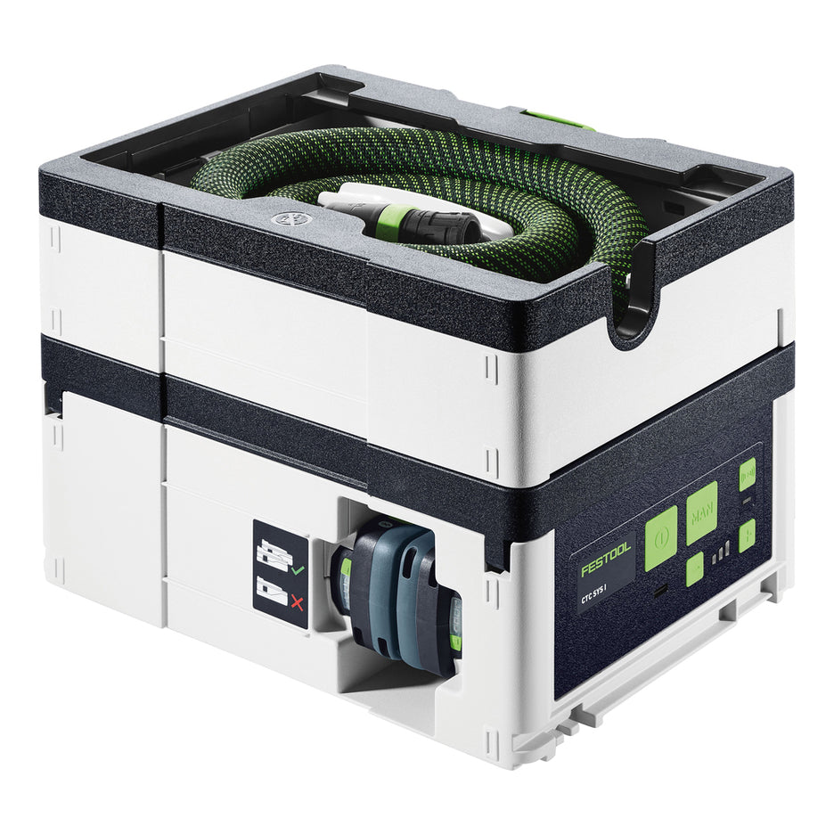 Back of CTC SYS allows access to battery bay. Control panel has green switches. Hose garage on top.