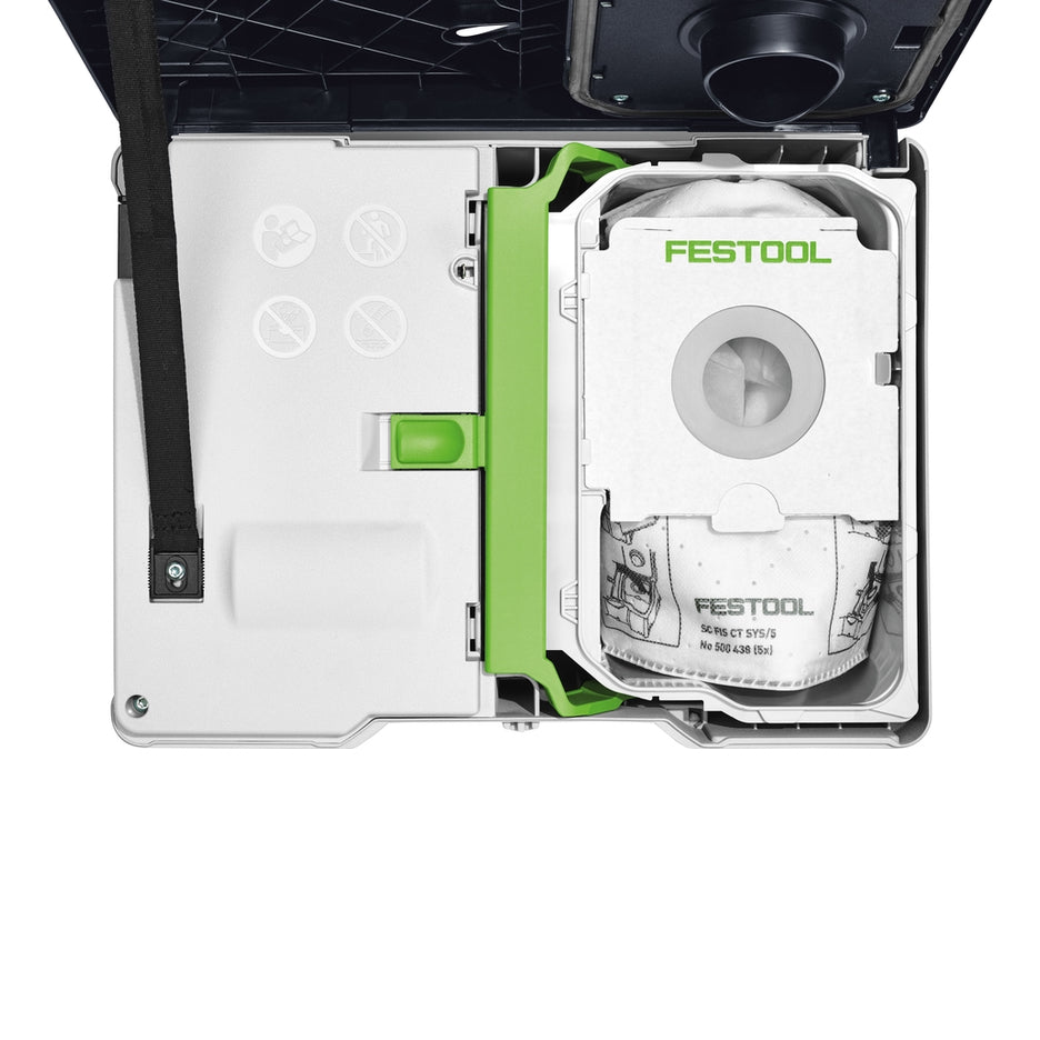 CTC SYS Dust Extractor lid opens up to reveal disposable Selfclean filter bag.