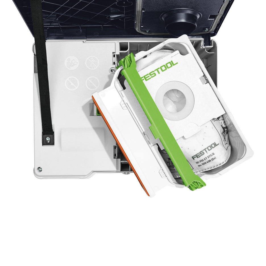 CTC SYS Dust Extractor has a removable bin with Selfclean filter bag and HEPA filter.