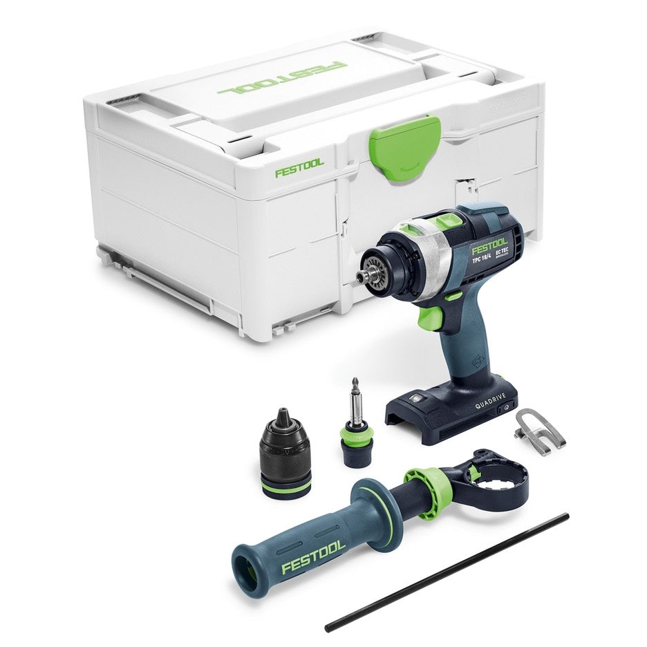 Festool TPC Cordless Percussion Drill with 1/2" chuck, Centrotec chuck, auxiliary handle, depth stop, bit holder, Systainer.