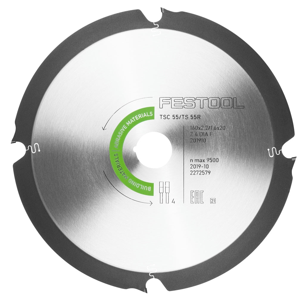 The Festool diamond saw blade for abrasive building materials has four teeth, expansion slots, and large gullets.