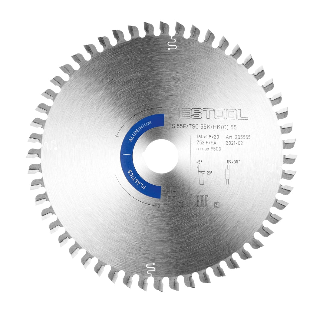 The carbide tipped aluminum/plastics blade has 52-teeth for fine cuts in aluminum, hard plastics, fibre reinforced plastics.