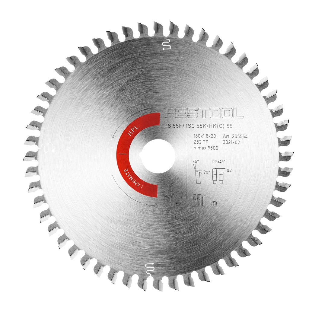 The carbide tipped laminate/HPL blade has 52-teeth for fine cuts in laminate and melamine resin boned panels and sheet goods.
