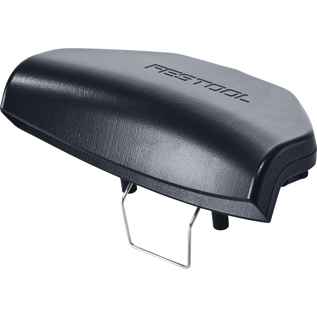 The dust extraction bucket accessory has a wide vacuum opening curved downwards and metal spring clip. Made of blue plastic.