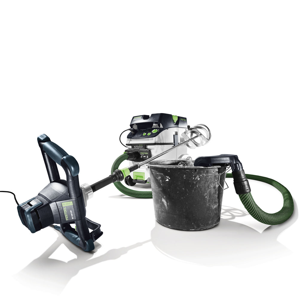Complete mixing system: Festool's MX 1200 Mixer, CT 36 AC Dust Extractor with AutoClean, and Dust Extraction Bucket Accessory