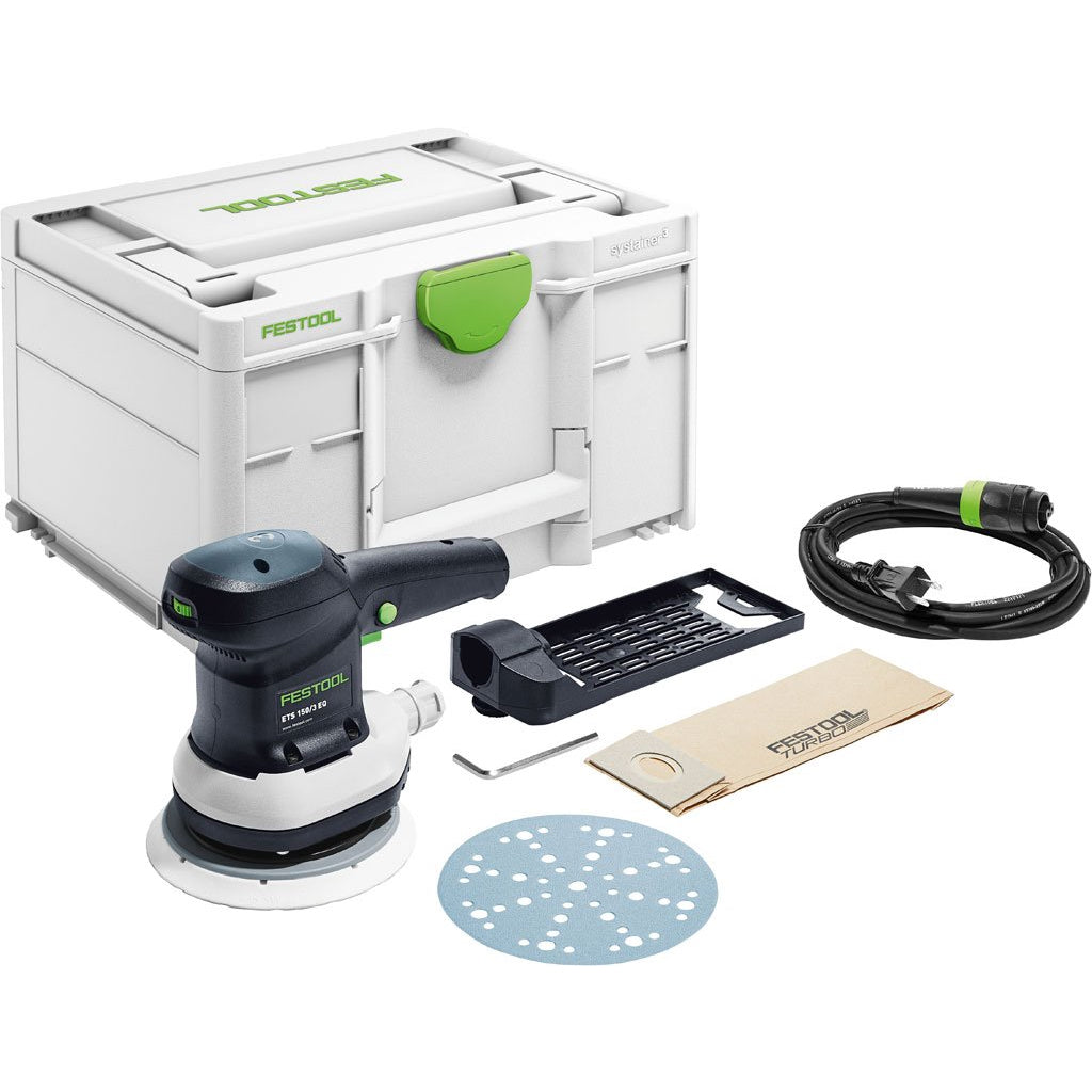 Festool ETS 150/3 EQ-Plus random orbit sander includes extra soft sanding pad, longlife dust bag, Plug-it cable and Systainer