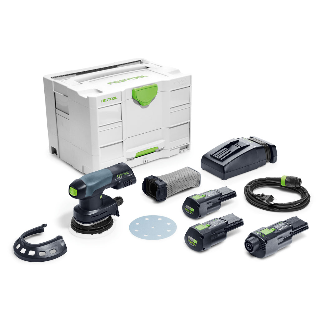 Festool's ETSC 125 Set includes edge protector, reusable dust bag, 2 batteries, charger, AC adapter, Plug-it cord, Systainer.