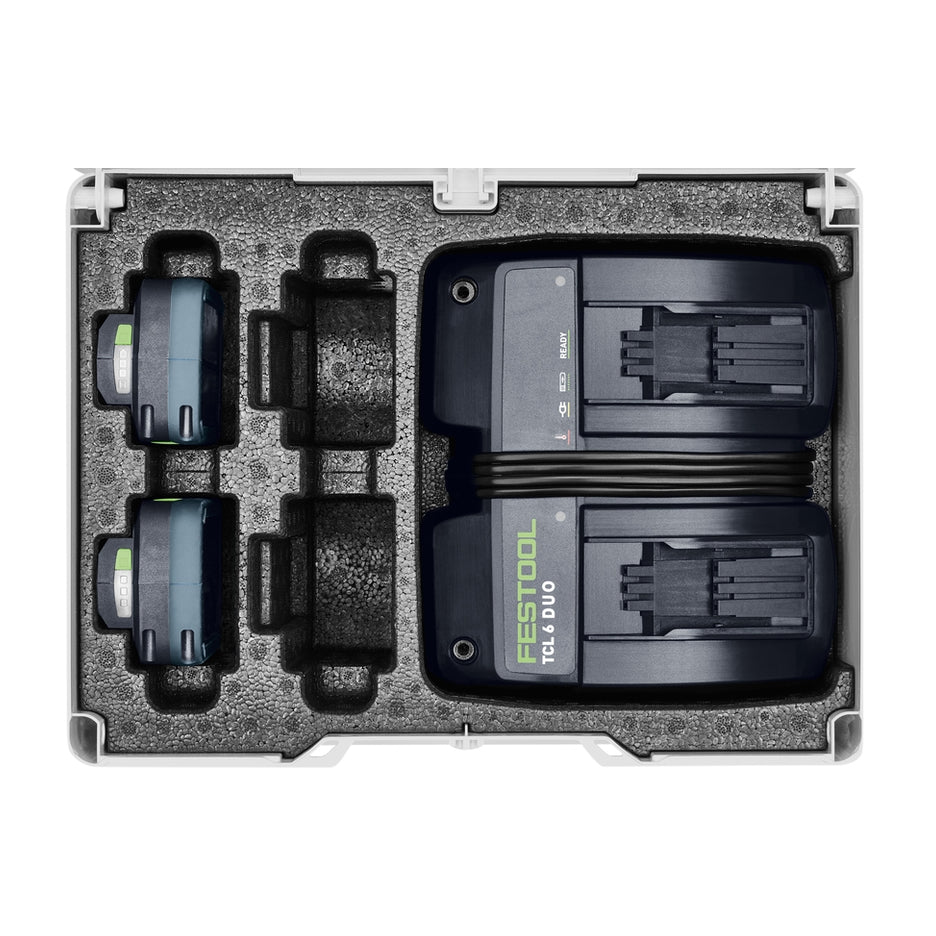 Festool 4.0 Energy Set Duo includes Systainer with custom organizational foam insert that holds Duo charger, 4 battery packs.