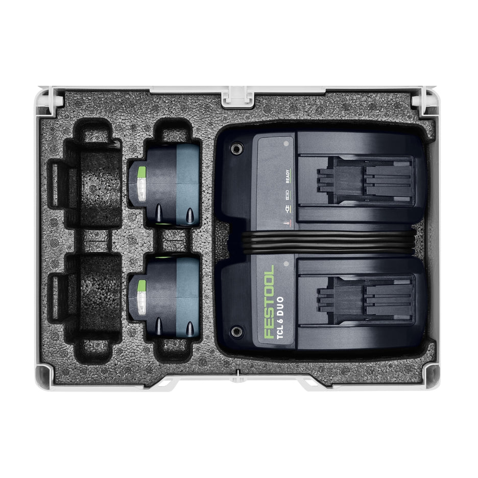 Festool 5.0 Energy Set Duo includes Systainer with custom organizational foam insert that holds Duo charger, 4 battery packs.
