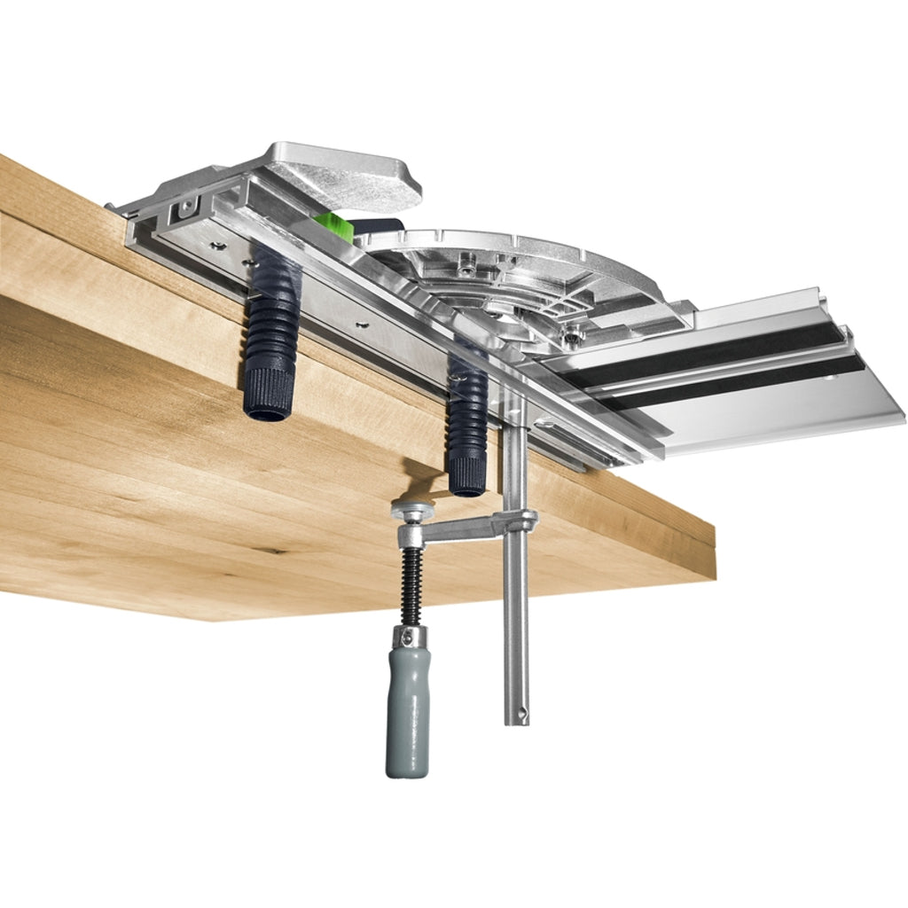 Two black positioning bolts attached to the bottom provide greater registration, and a clamp holds the rail in place.