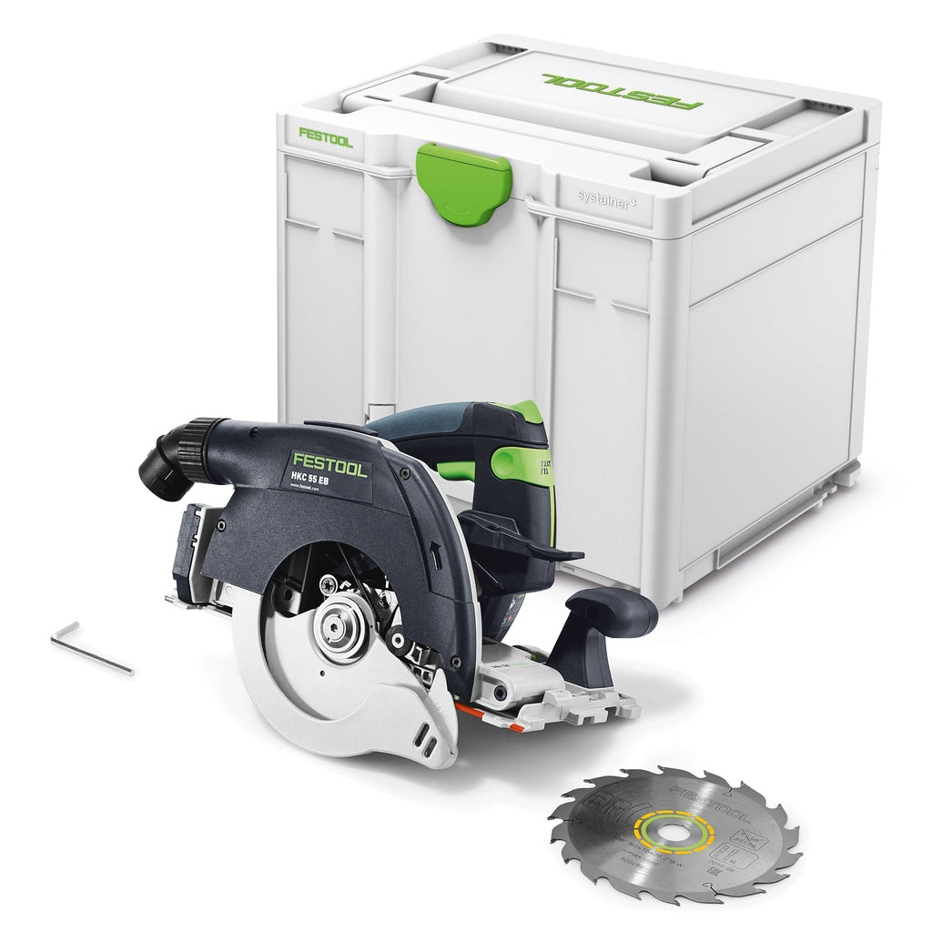 Festool's HKC 55 Li-EB-F-Basic Carpentry Track Saw includes 18T blade, and Systainer. Compatible with 15 and 18 V batteries.