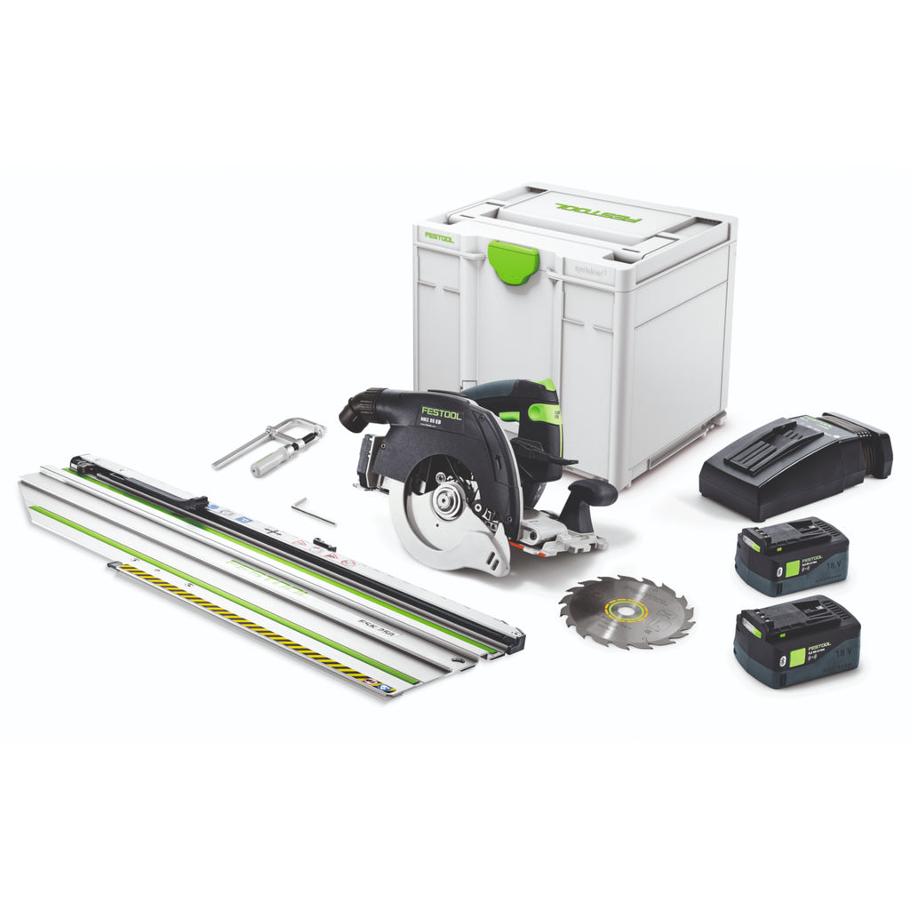 The Festool HKC 55 Carpentry Track Saw Set includes FSK420 crosscutting rail, 2 batteries, charger, Systainer and blade.
