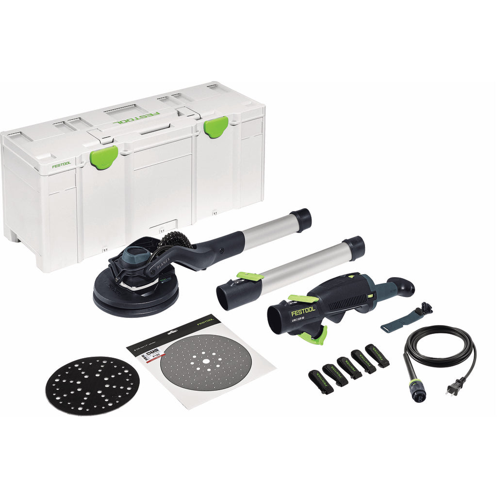 Festool Planex 2 drywall sander includes extension, cord, sanding pad, interface pad, abrasives, Systainer & hose clip.