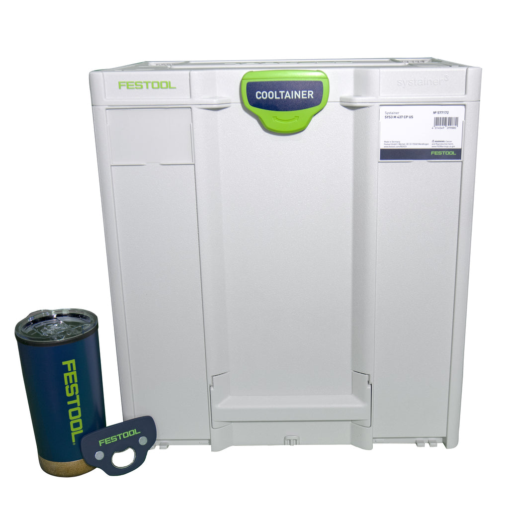 Festool light grey Cooltainer Systainer Cooler with T-Loc bottle opener and tumbler with lid.