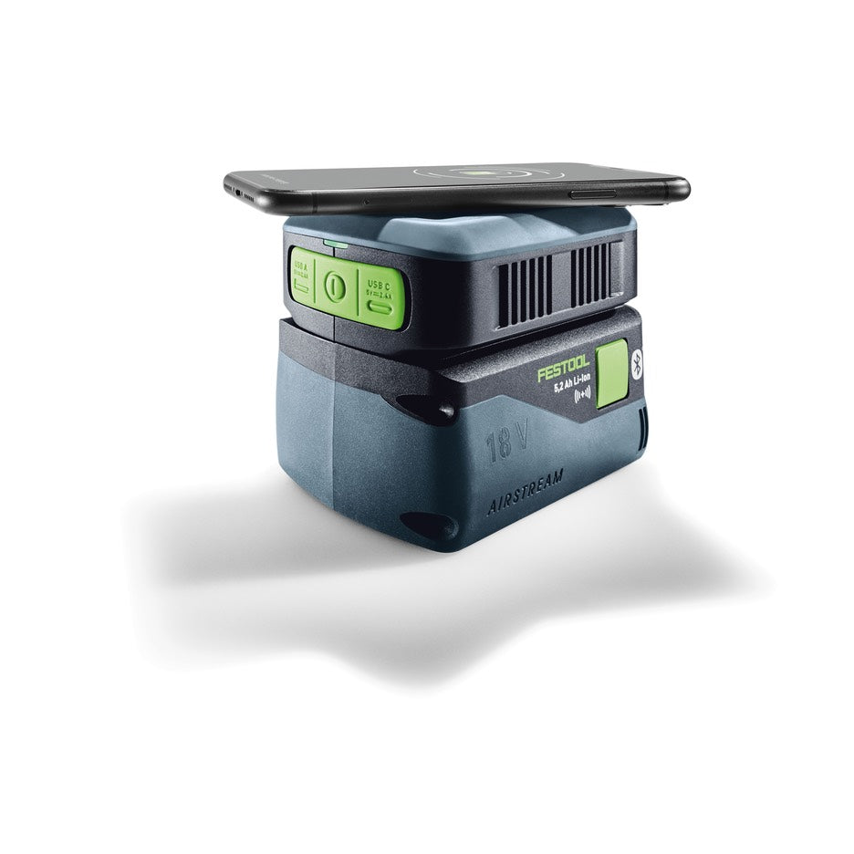 Festool Phone Charger PHC 18 attached to 18V 5.2Ah battery, charging phone.