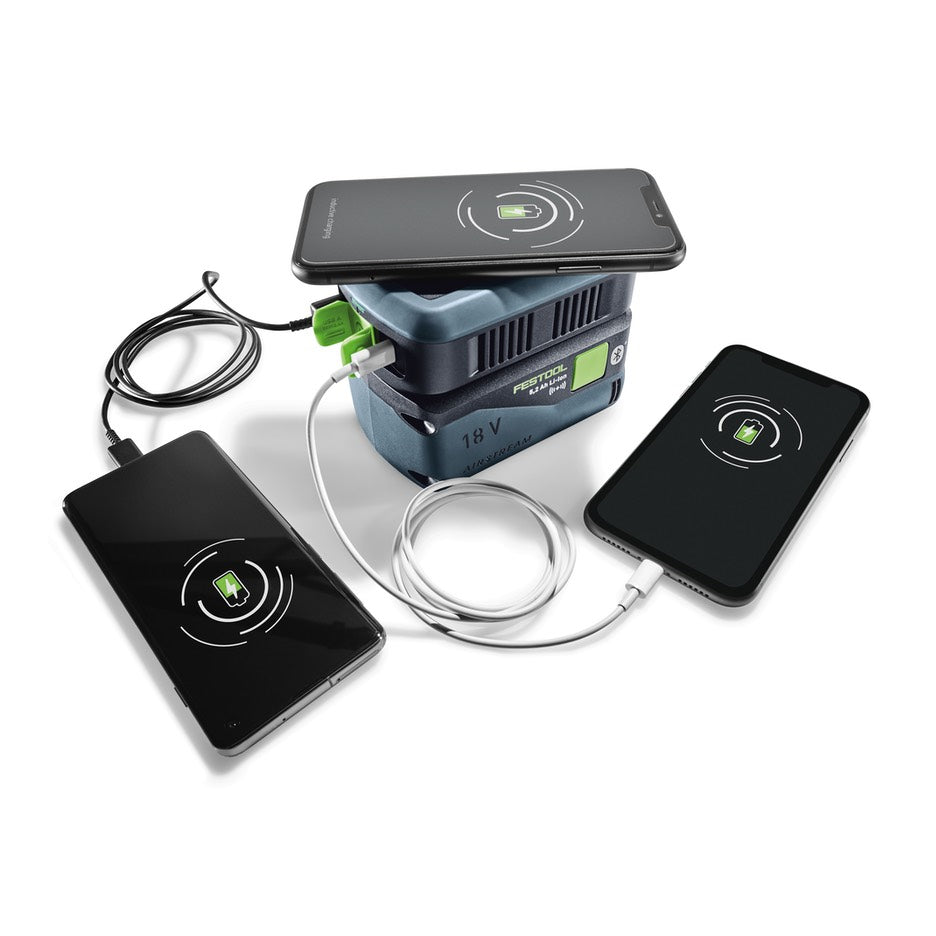 Festool Phone Charger PHC 18 attached to 18V 5.2Ah battery, charging phones via inductive and cables..