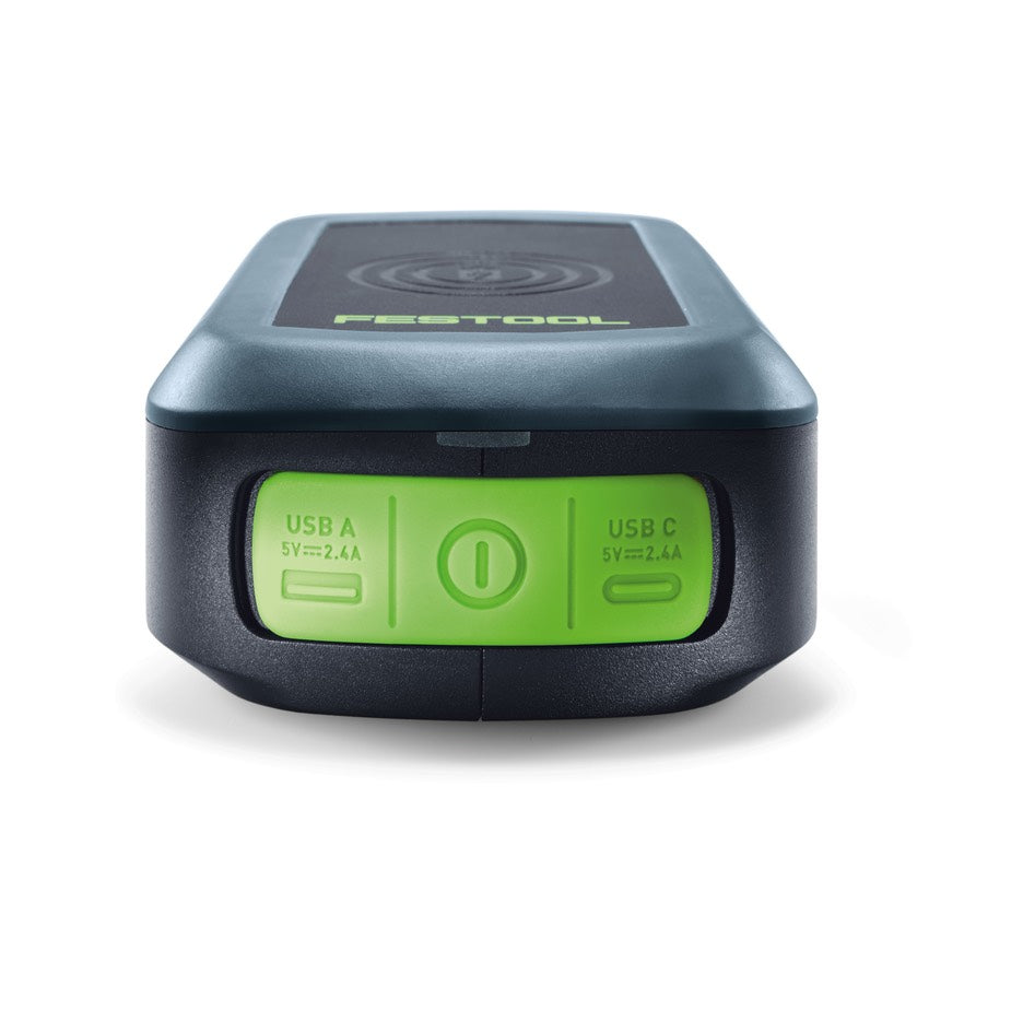 Festool Phone Charger PHC 18 with inductive charging, power button, USB ports covered.