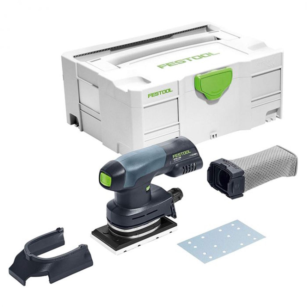 The Festool RTSC 400 Basic package includes the cordless detail orbital sander, edge protector, reusable dust bag, and Systainer.