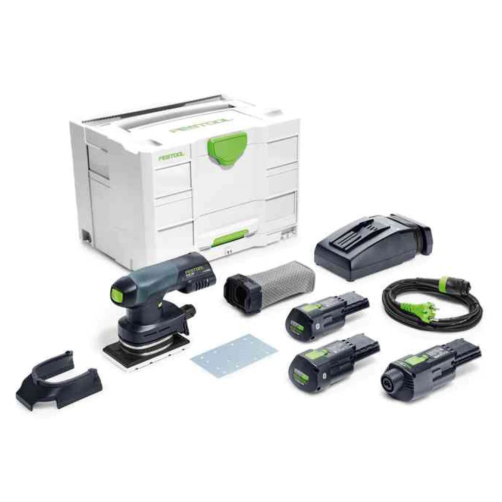 Festool's RTSC 400 Set includes edge protector, reusable dust bag, 2 batteries, charger, AC adapter, Plug-it cord, Systainer.