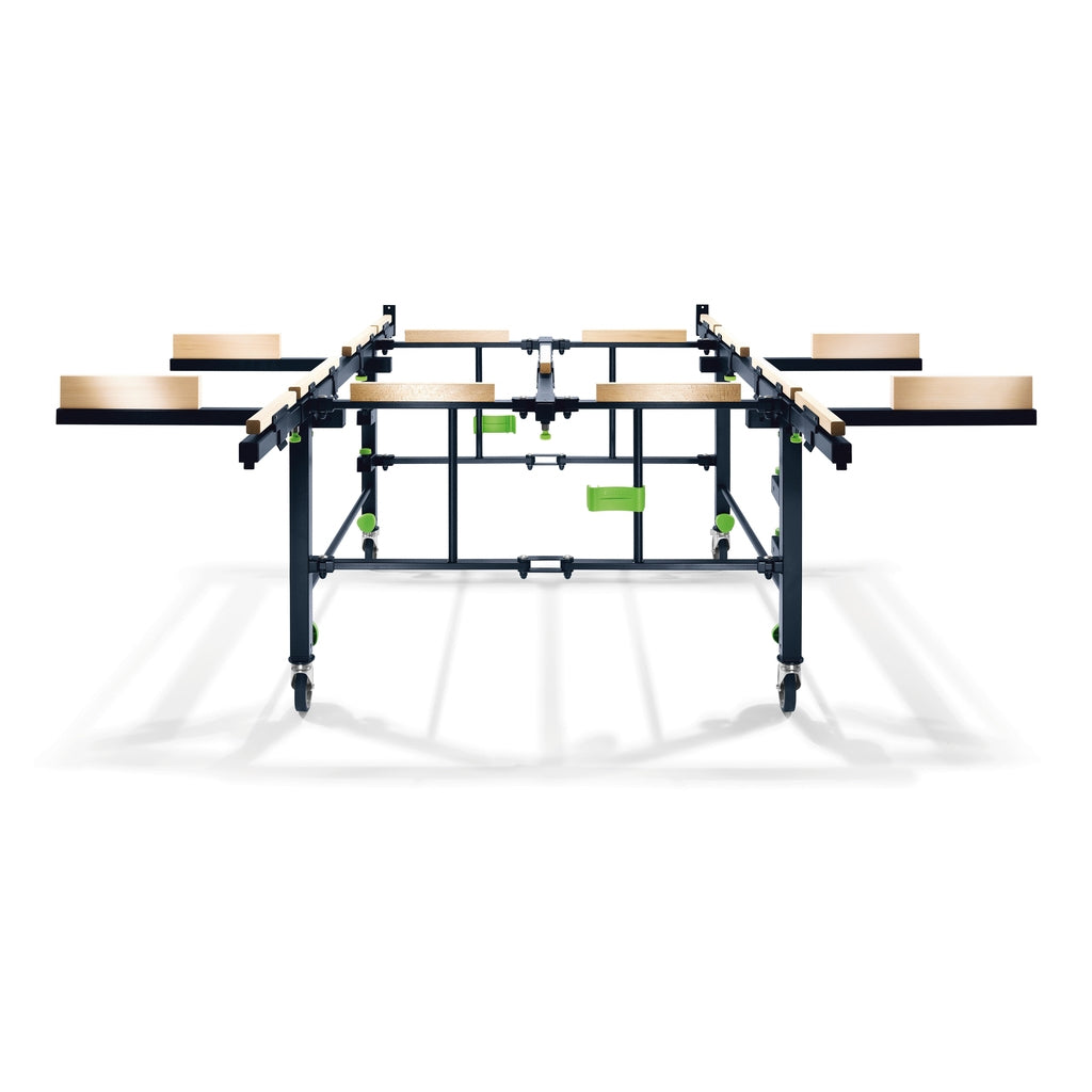 The STM 1800 Mobile Sawing Table is 71x71 inches with all extensions attached. It sits on casters and folds for storage.
